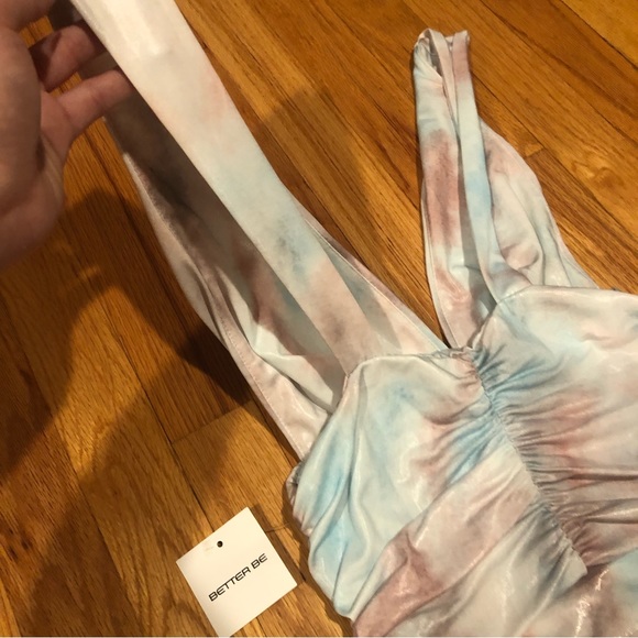 2 For $30 NWT Pastel Tie Dye Wet Look Ruched Iridescent Plunging Bodysuit - Picture 11 of 14